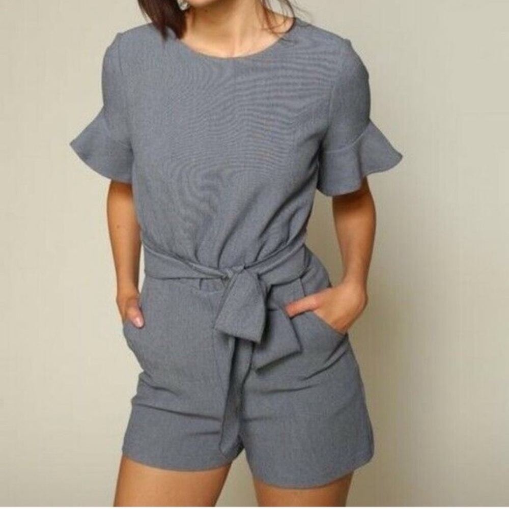 Line & Dot Women's Playsuit-Romper Tie Waist 1/2 Sleeve Casual Blue Size M